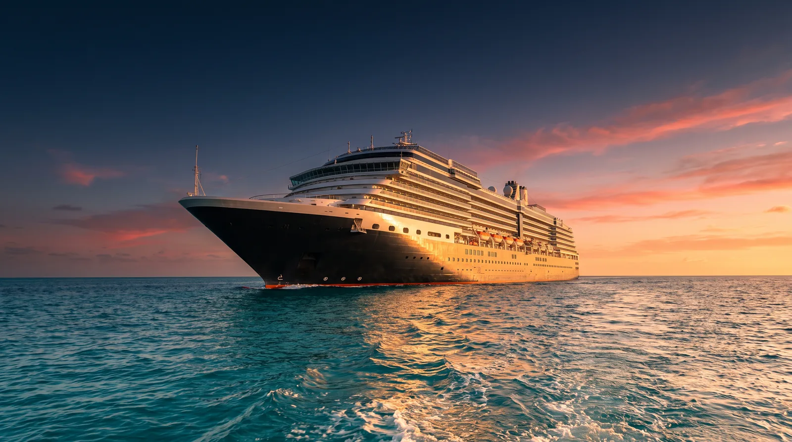 Norwegian Escape sailing turquoise Caribbean waters at sunset