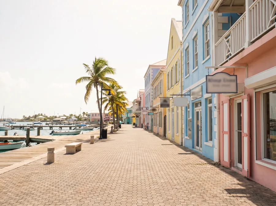 Colorful waterfront street typical of a Caribbean port town